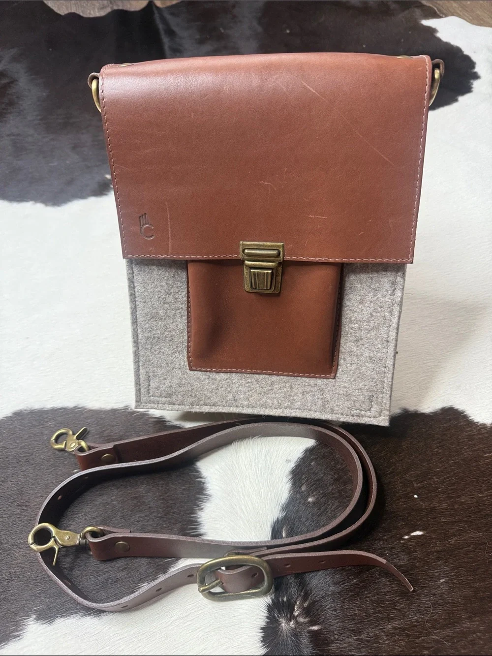 Men's Brown Leather & Gray Felt Messenger Crossbody Bag
